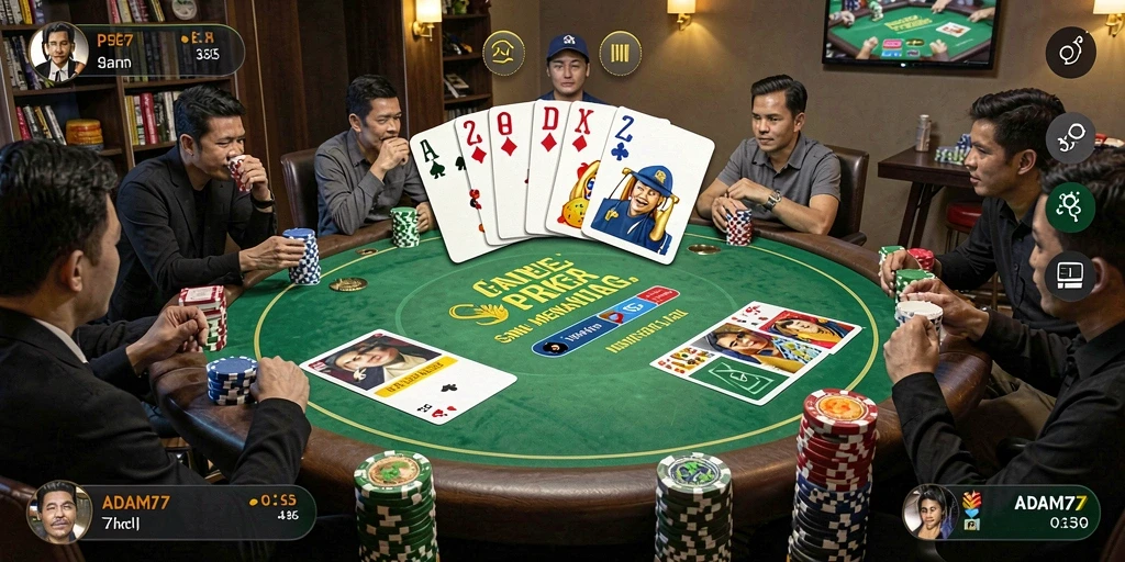 Tampilan gameplay seru dari ADAM77 dengan kartu poker di meja.