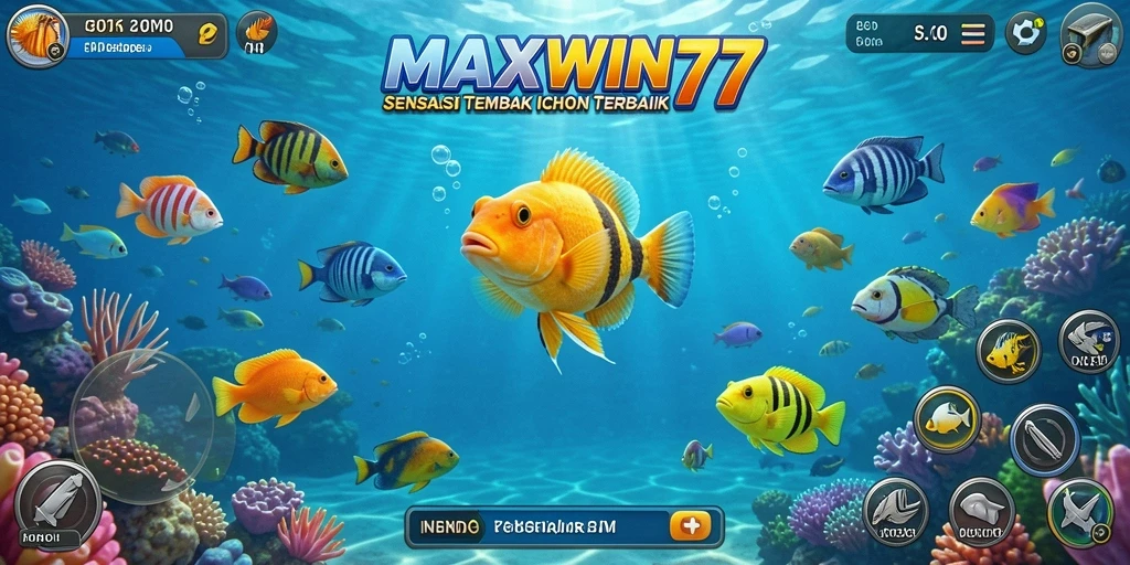 Tampilan gameplay seru dalam MAXWIN77, menembak ikan berwarna-warni.