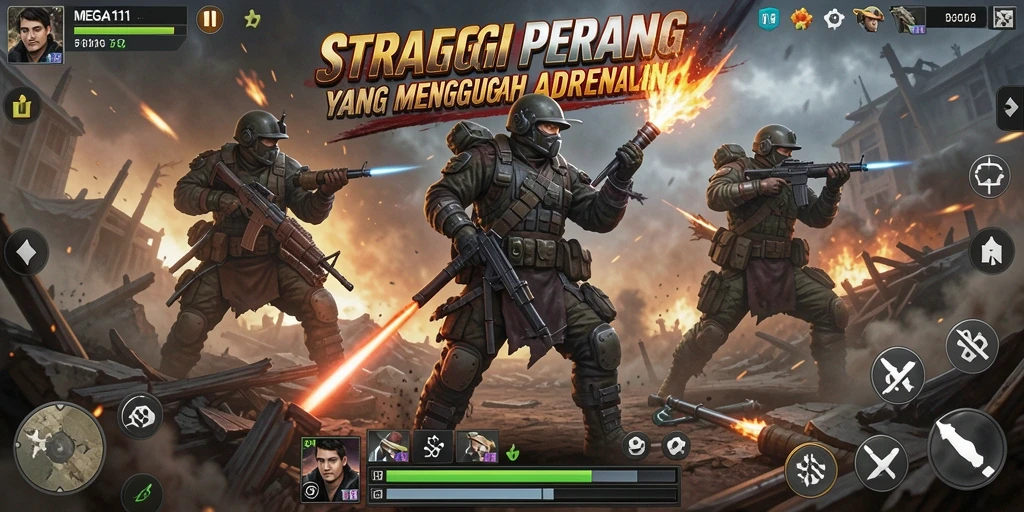 Tampilan gameplay MEGA111 yang intens dan strategis.