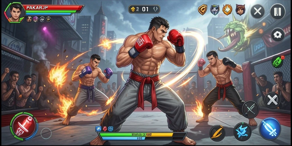 Screenshot PAKARJP menampilkan aksi bertarung yang intens dan karakter-karakter unik.