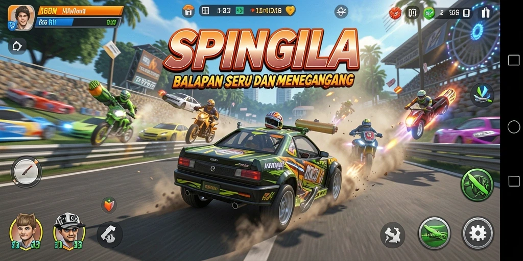 Screenshot utama SPINGILA menampilkan aksi balapan yang mendebarkan.