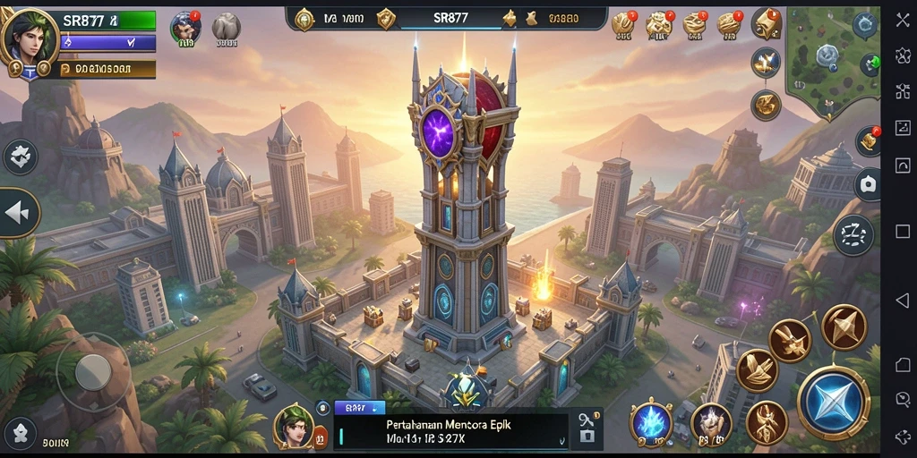 Tampilan gameplay SR877 dengan menara dan serangan musuh yang menegangkan.