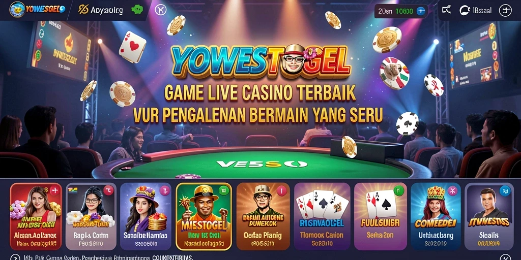 Screenshot utama YOWESTOGEL menampilkan dealer profesional dan permainan Live Casino yang mendebarkan.